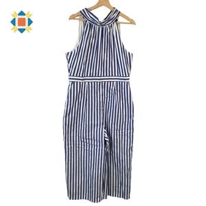 J.Crew Women's 14 Blue White Striped Halter Jumpsuit H7371 100% Cotton
